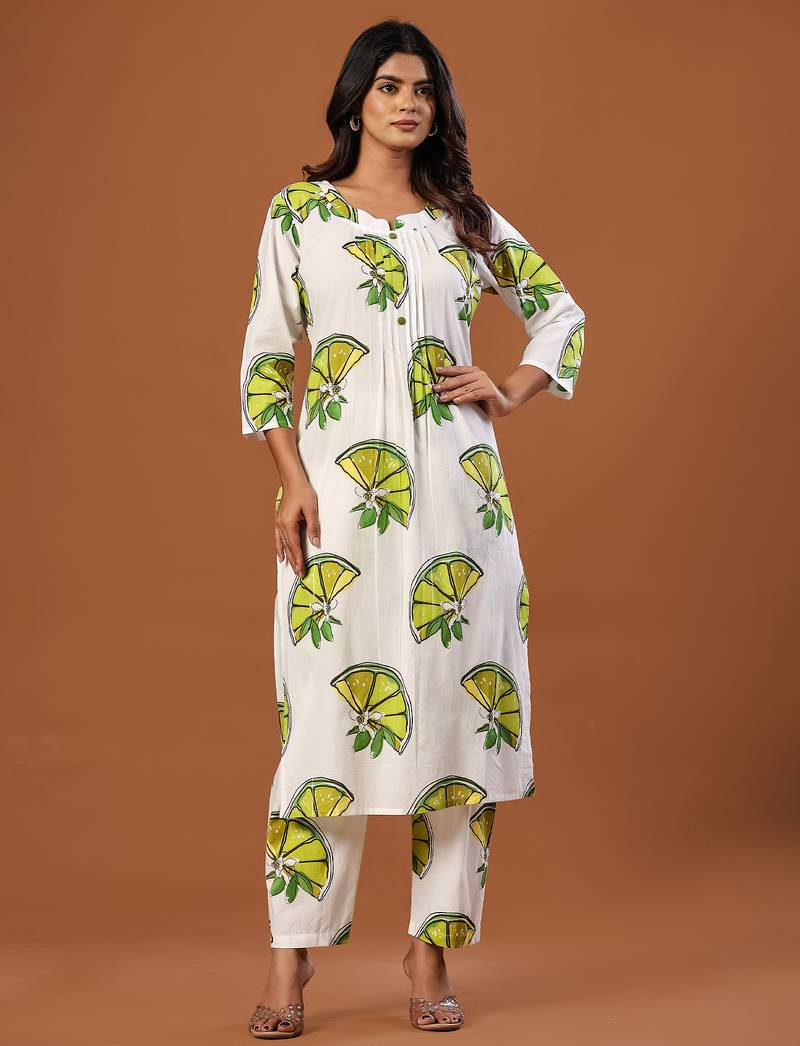 White printed cotton kurta trouser set