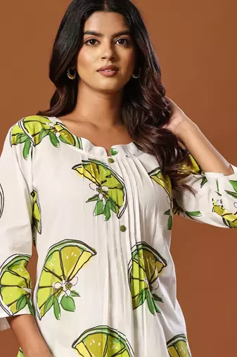 White printed cotton kurta trouser set