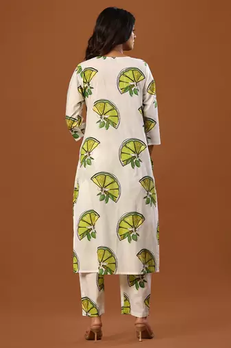 White printed cotton kurta trouser set
