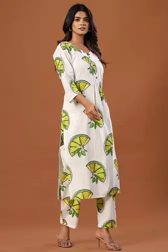 White printed cotton kurta trouser set