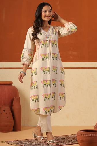 Beige printed cotton kurta trouser set