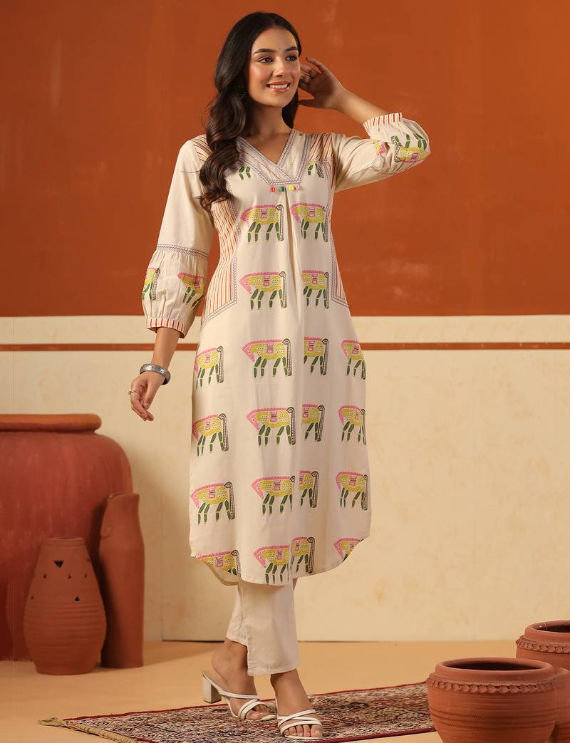 Beige printed cotton kurta trouser set
