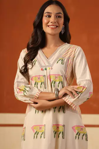 Beige printed cotton kurta trouser set