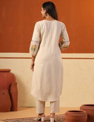 Beige printed cotton kurta trouser set 3