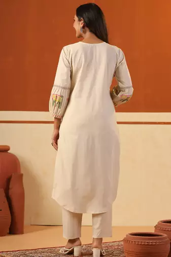 Beige printed cotton kurta trouser set