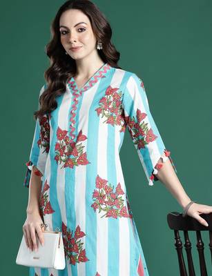Blue printed cotton kurta trouser set 2