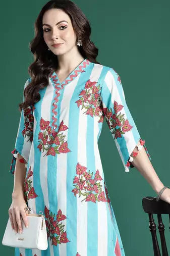 Blue printed cotton kurta trouser set