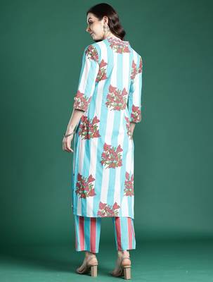 Blue printed cotton kurta trouser set 3