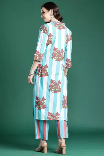 Blue printed cotton kurta trouser set