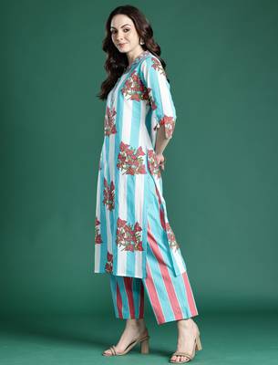 Blue printed cotton kurta trouser set 1