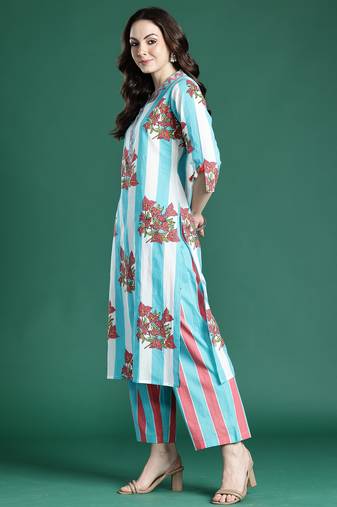 Blue printed cotton kurta trouser set