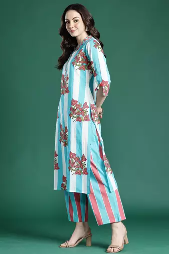 Blue printed cotton kurta trouser set