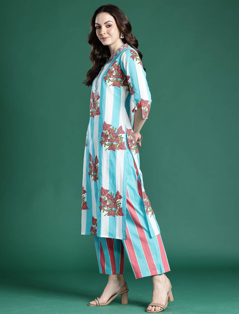 Blue printed cotton kurta trouser set