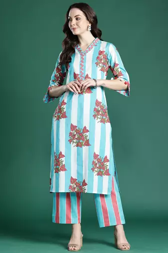 Blue printed cotton kurta trouser set