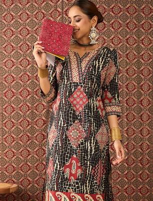 Black printed cotton kurta trouser set 2