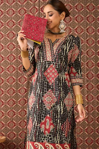 Black printed cotton kurta trouser set