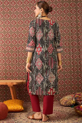Black printed cotton kurta trouser set