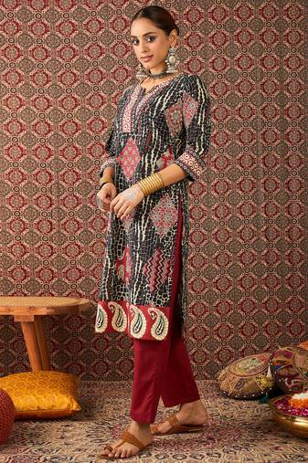 Black printed cotton kurta trouser set