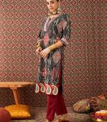 Black printed cotton kurta trouser set