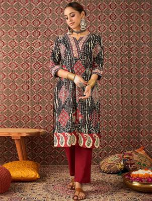 Black printed cotton kurta trouser set 4