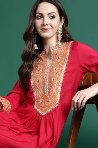 Pink embroidered silk kurta trouser set
