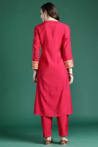 Pink embroidered silk kurta trouser set