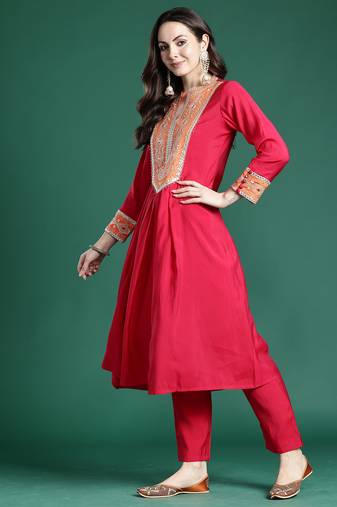 Pink embroidered silk kurta trouser set