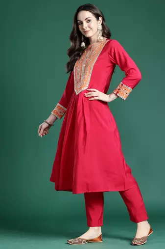 Pink embroidered silk kurta trouser set