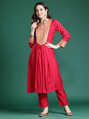 Pink embroidered silk kurta trouser set 4