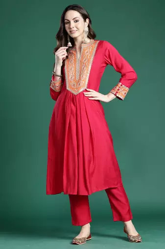 Pink embroidered silk kurta trouser set