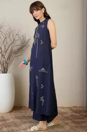 Blue embroidered cotton kurta trouser set