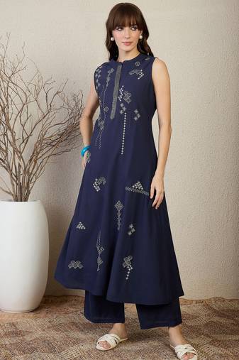 Blue embroidered cotton kurta trouser set