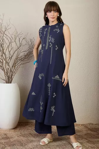 Blue embroidered cotton kurta trouser set