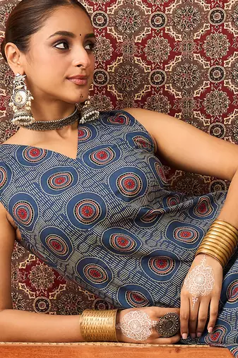 Blue printed cotton kurta trouser set