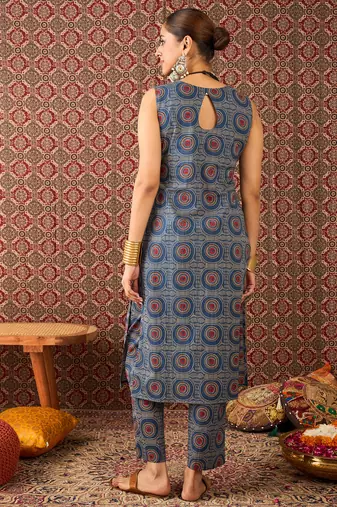 Blue printed cotton kurta trouser set