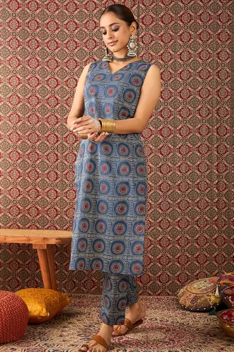 Blue printed cotton kurta trouser set