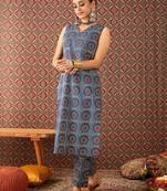 Blue printed cotton kurta trouser set