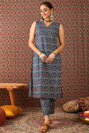 Blue printed cotton kurta trouser set