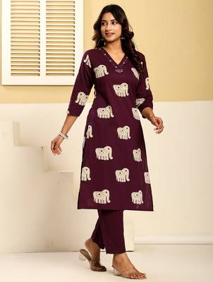 Purple embroidered cotton kurta trouser set 3