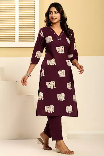 Purple embroidered cotton kurta trouser set