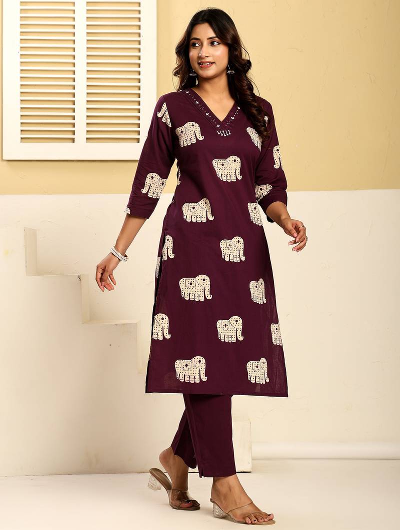 Purple embroidered cotton kurta trouser set