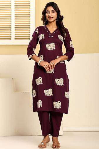 Purple embroidered cotton kurta trouser set
