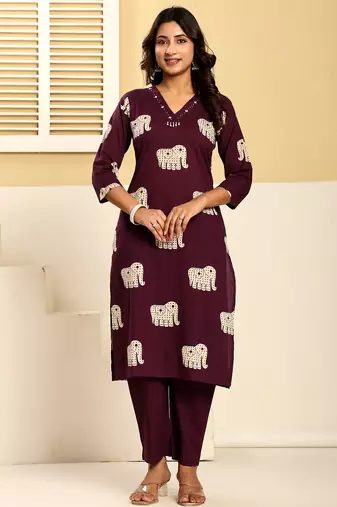 Purple embroidered cotton kurta trouser set