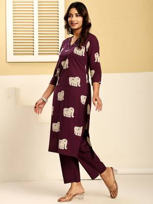 Purple embroidered cotton kurta trouser set 4