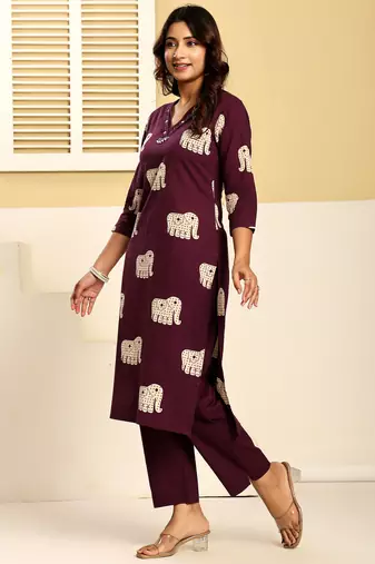 Purple embroidered cotton kurta trouser set