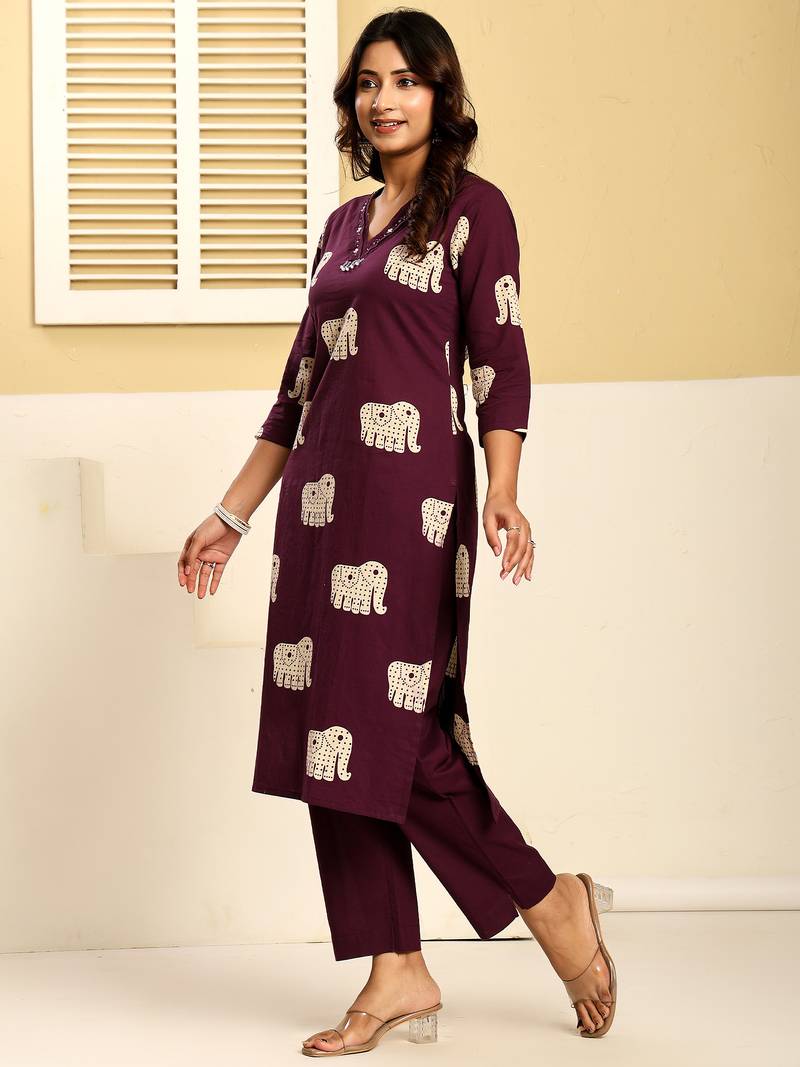 Purple embroidered cotton kurta trouser set