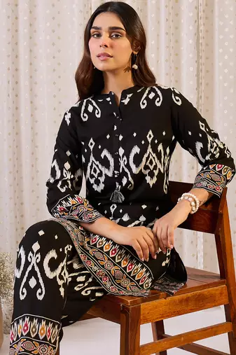 Black embroidered viscose rayon kurta trouser set