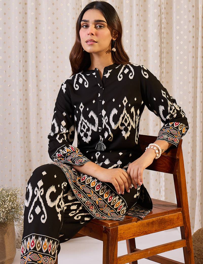 Black embroidered viscose rayon kurta trouser set