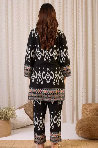 Black embroidered viscose rayon kurta trouser set