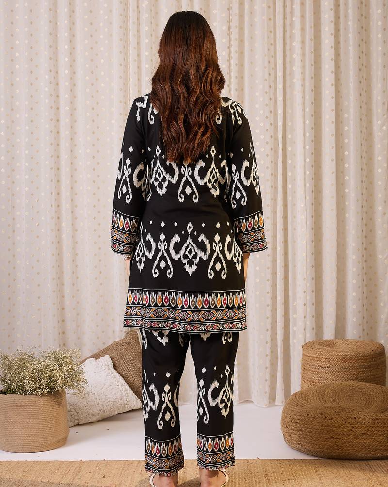 Black embroidered viscose rayon kurta trouser set